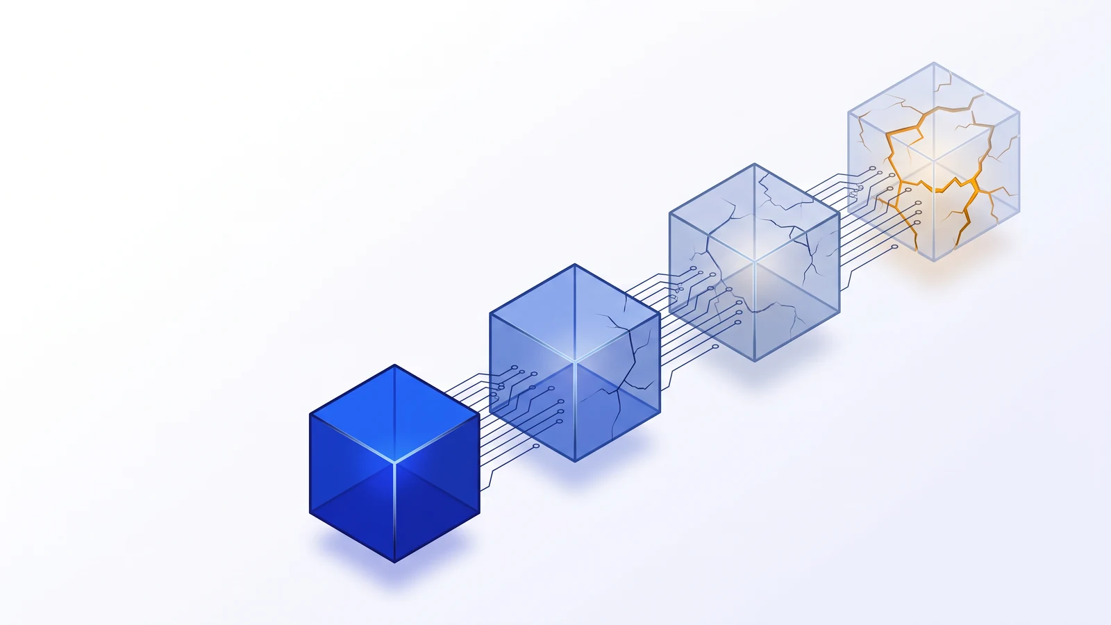Chuỗi bước của AI agent suy giảm dần độ tin cậy, khối đầu nguyên vẹn màu xanh và khối cuối rạn nứt màu cam