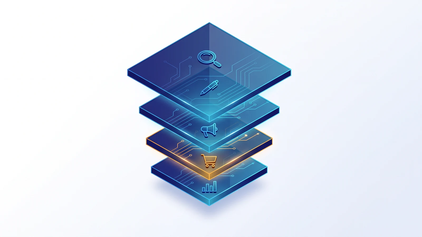 Bản đồ chiến lược AI Marketing: năm tầng phễu marketing được AI hỗ trợ, tầng bán hàng nhấn màu cam